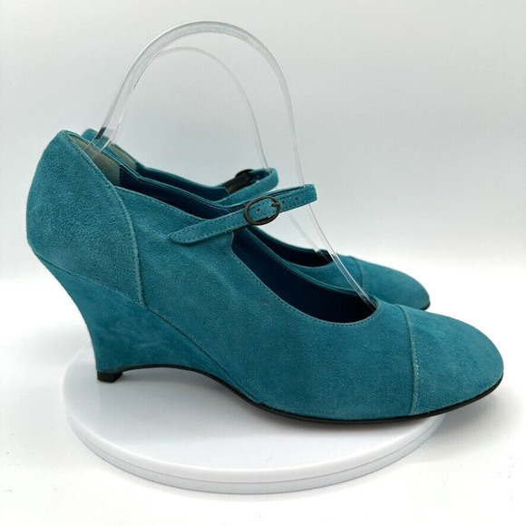 ESPACE Robert Clergerie Wedge Mary Janes Heels Womens 8.5 Teal Suede Retro Glam - Picture 6 of 9